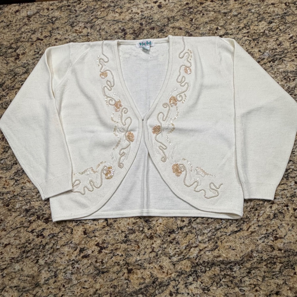 Vintage Yield Cream Beaded Sequin Cardigan Sweater Pearl Embellished Ivory Small
